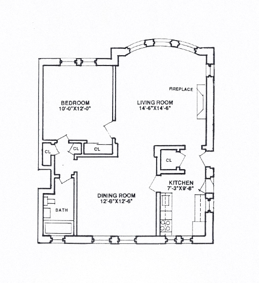 Floor plan for 1 bed, 1 bath, 670 sqft